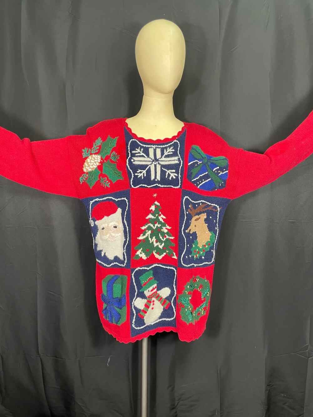 Vintage 80s Ugly Christmas Sweater Santa Snowflake Reindeer Tree Gift Snowman